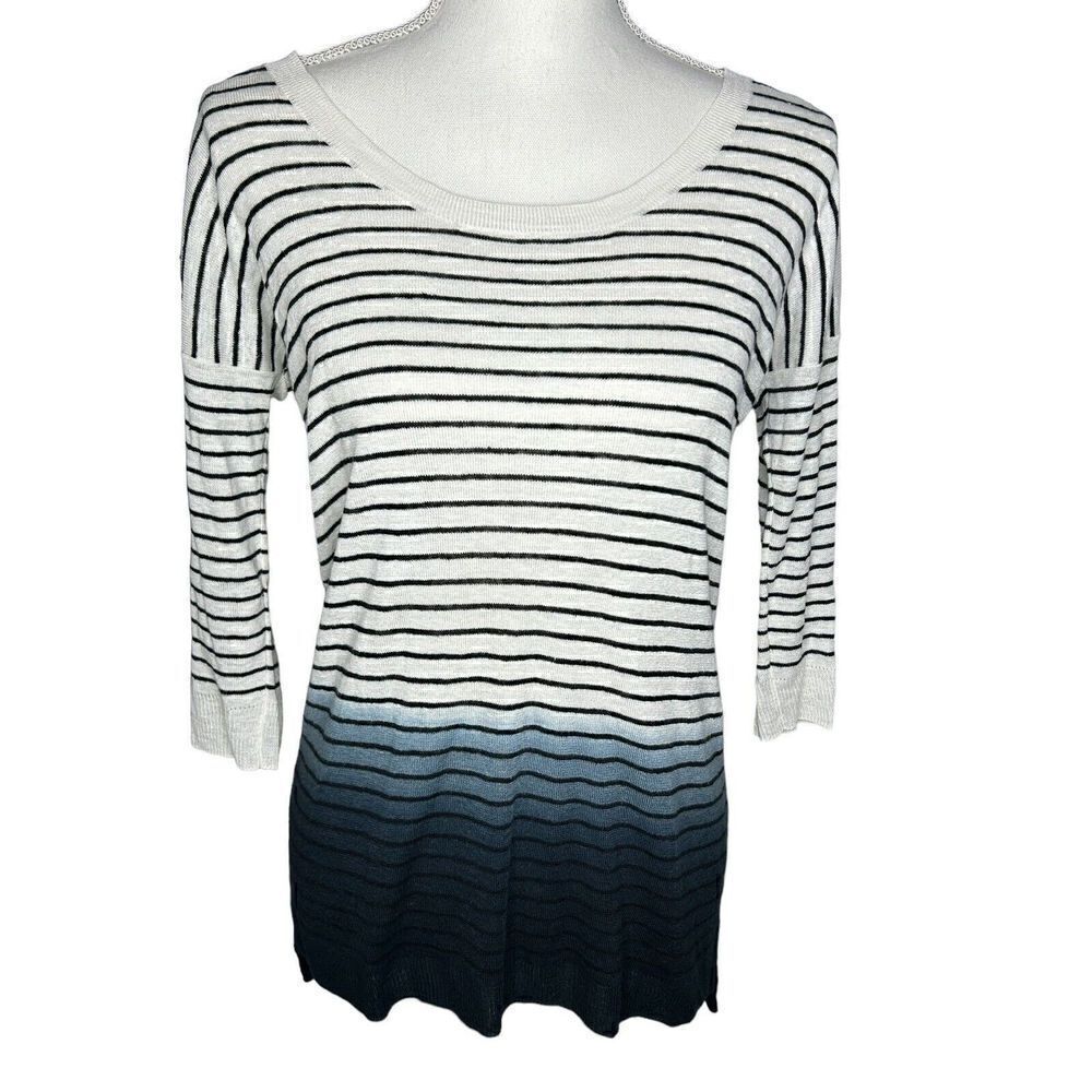 Theory Women’s SZ S Striped Blue Dip Dye Tunic 3/4 Linen Scoop Neck Sweater